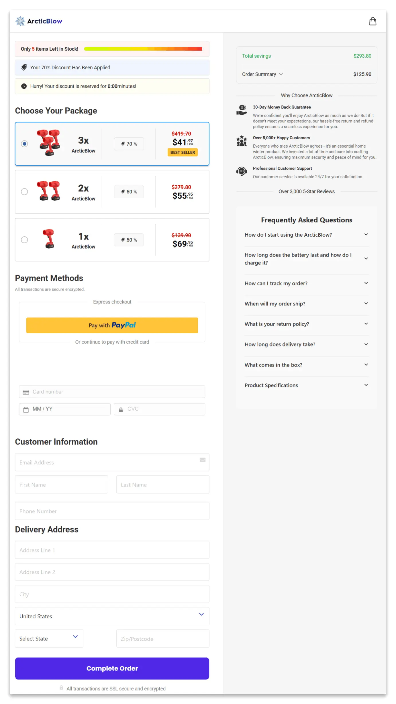 ArcticBlow secure checkout page